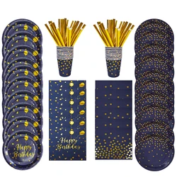 Set di stoviglie usa e getta a pois in oro blu scuro piatti di carta tazze tovaglioli paglia per la decorazione della festa di compleanno forniture decorazioni per la tavola