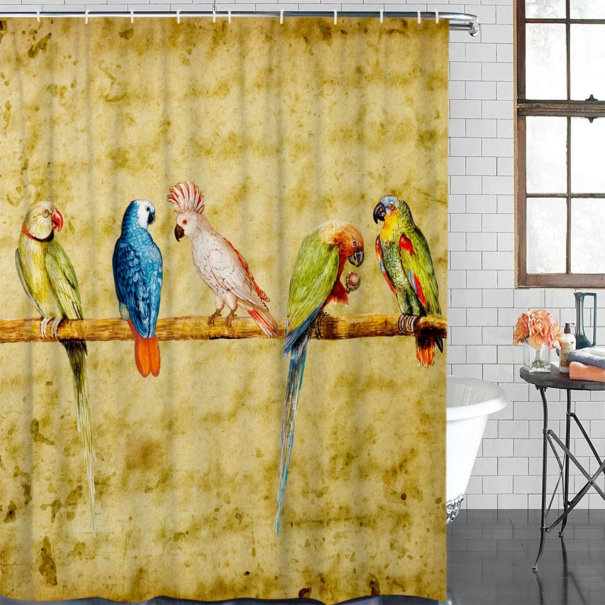 Spring Birds Parrot Retro Waterproof Bathroom Decoration Shower Curtain With Hook Printed Bathtub Curtains Bathroom Accessories