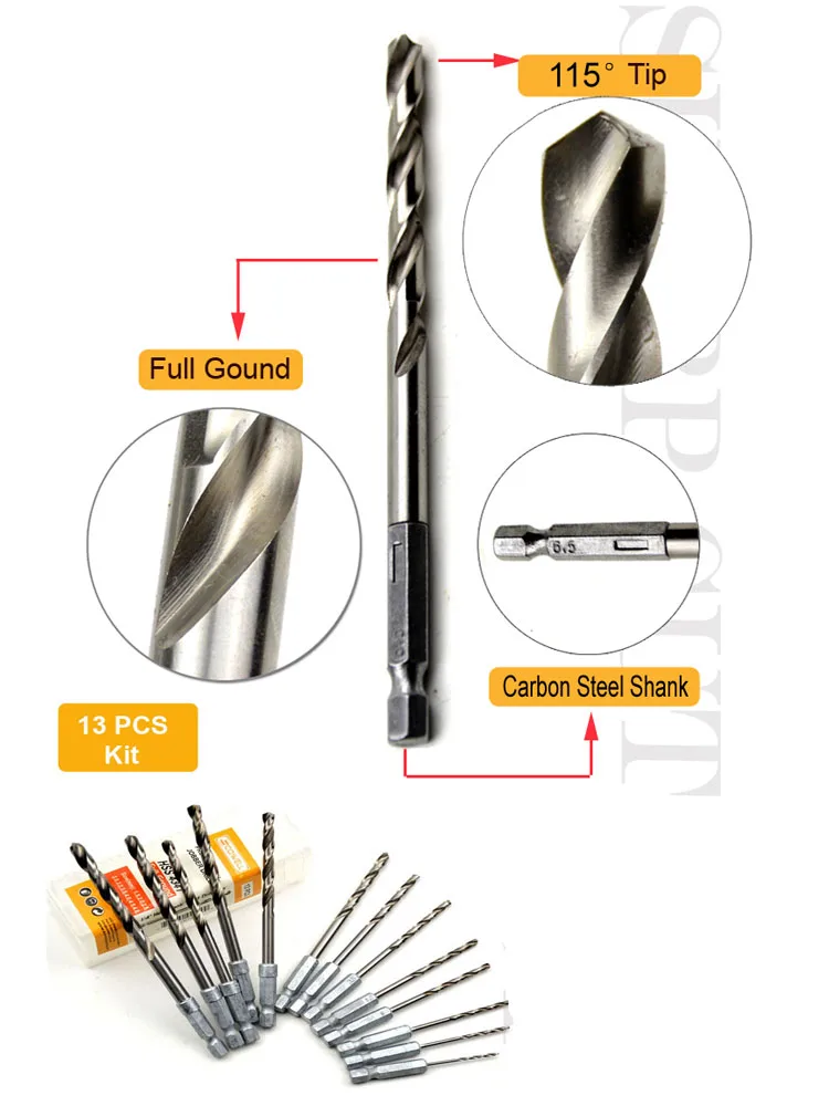 13 imballaggio in acciaio ad alta velocità 1/4 punte elicoidali con codolo esagonale Set 1.5mm - 6.5mm HSS Jobber Kit di punte di perforazione parti di utensili elettrici fai da te