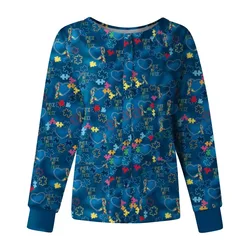 Single-breasted Protective Overalls Jacket Women Christmas Pattern Long Sleeve Tops Stand-up Collar Pocket Nurse Working Uniform