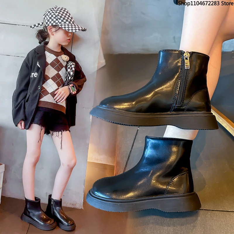 

2025 Winter Children's Boots Fashion Simple Style Girl's Ankle Boot Casual Versatile Black Kid Short Leather Boots Side Zipper