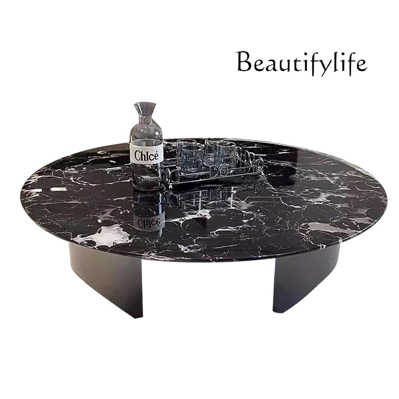 

Natural marble coffee table light luxury high sense round Italian black rose luxury stone coffee table thickened
