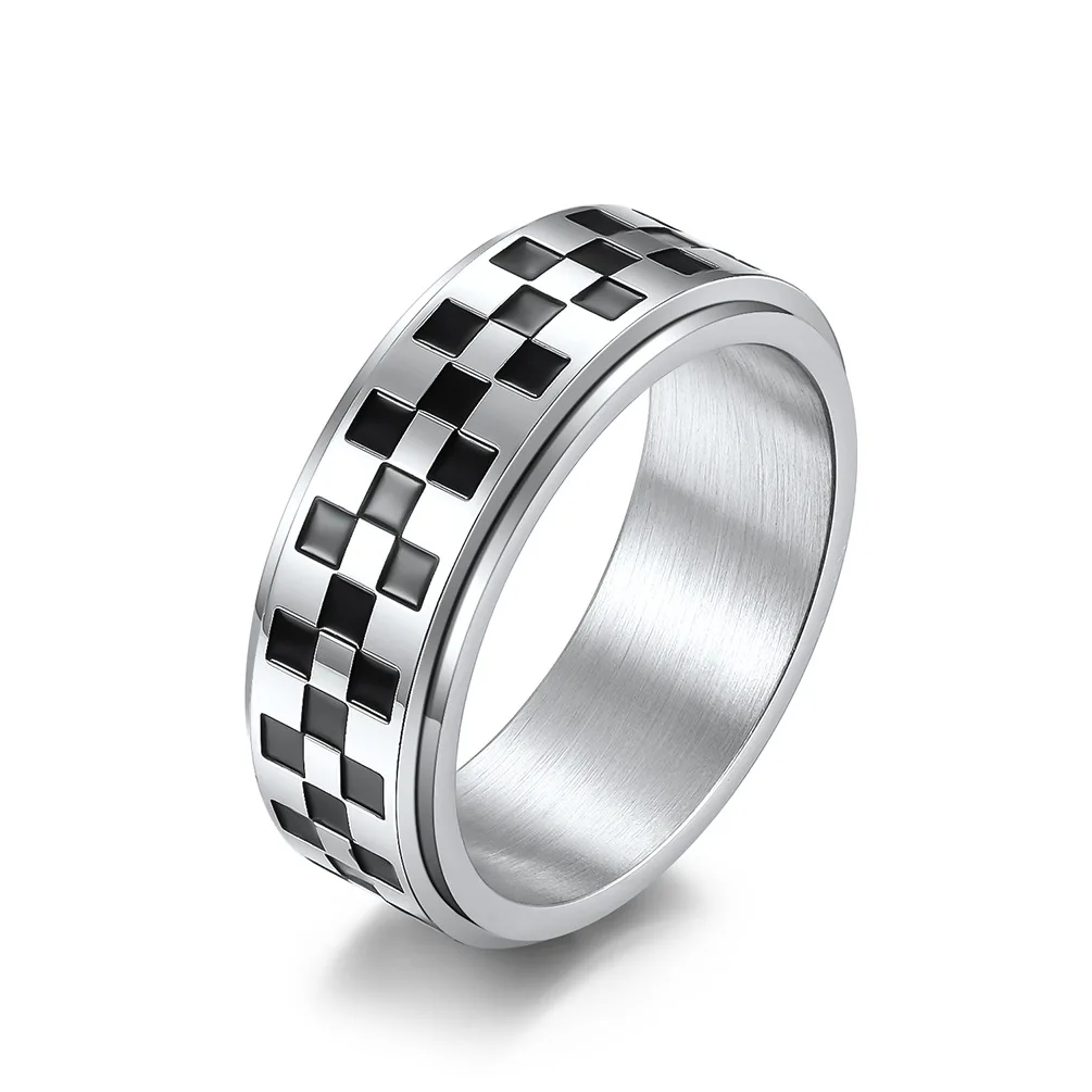 316L 8mm Stainless Steel Rotatable Mosaic Chess Lattice Rings Black Silver Color Engagement Wedding Luxury Gifts for Women Man