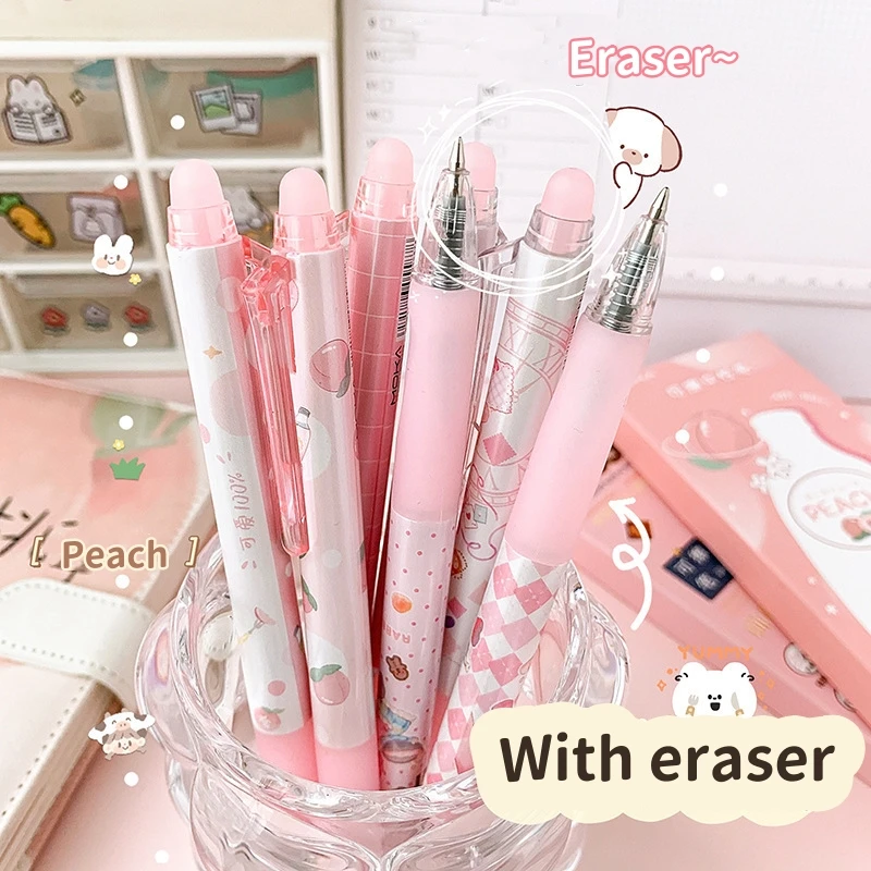 6Pcs/Set Kawaii Peach Erasable Pen 0.5mm Blue Ink Press Gel Pen Wrinting Pens Journal School Student Supplies Cute Stationery