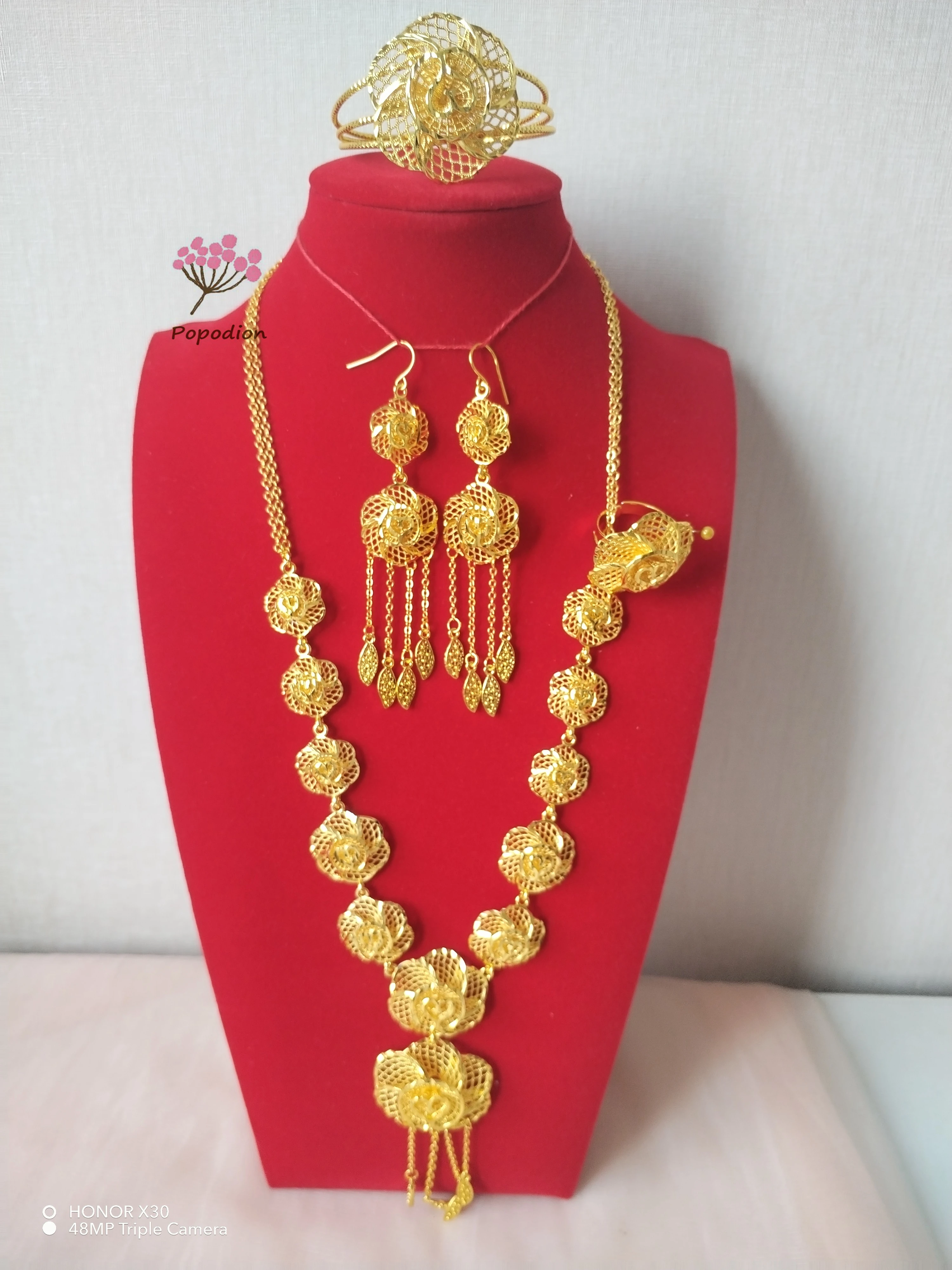 

New 24K Gold Plated Dubai Popodion Jewelry Flower Necklace Earrings Bracelet Ring Party Gift YY10399