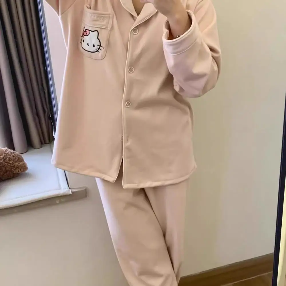 Traje de pijama de dibujos animados de 2 uds para mujer Hello Kitty Sanrio Anime Kawaii invierno cálido dulce niñas lindas ropa de descanso de manga larga ropa de casa