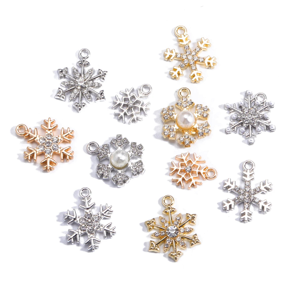 Mixed 10Pcs Sparkling Rhinestone Pearl Alloy Mixed Christmas Snowflake Charms Pendants For DIY Earrings Handmade Jewelry Making