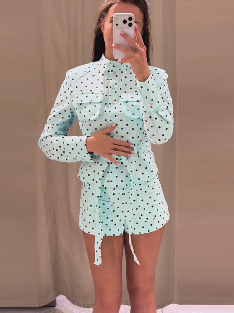 Polka Dot Shorts Set Women Stand Collar Long Sleeve Tie Waist Top High Waist Side Pockets Pants 2026 Summer Casual Chic Outfit - Image 3