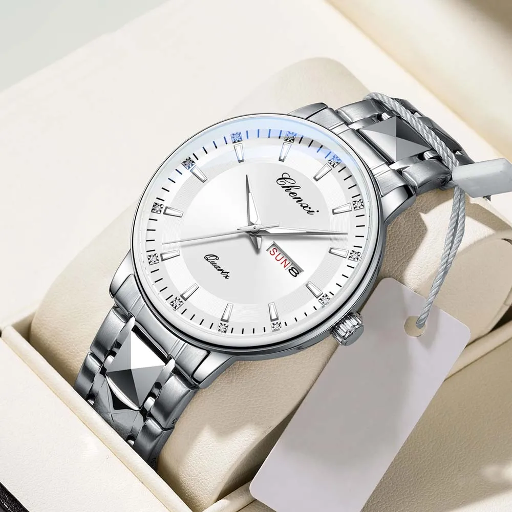 CHENXI Orologio al quarzo da uomo di alta qualità Cinturino minimalista in acciaio inossidabile Data Display a specchio curvo Orologi da uomo impermeabili 2025