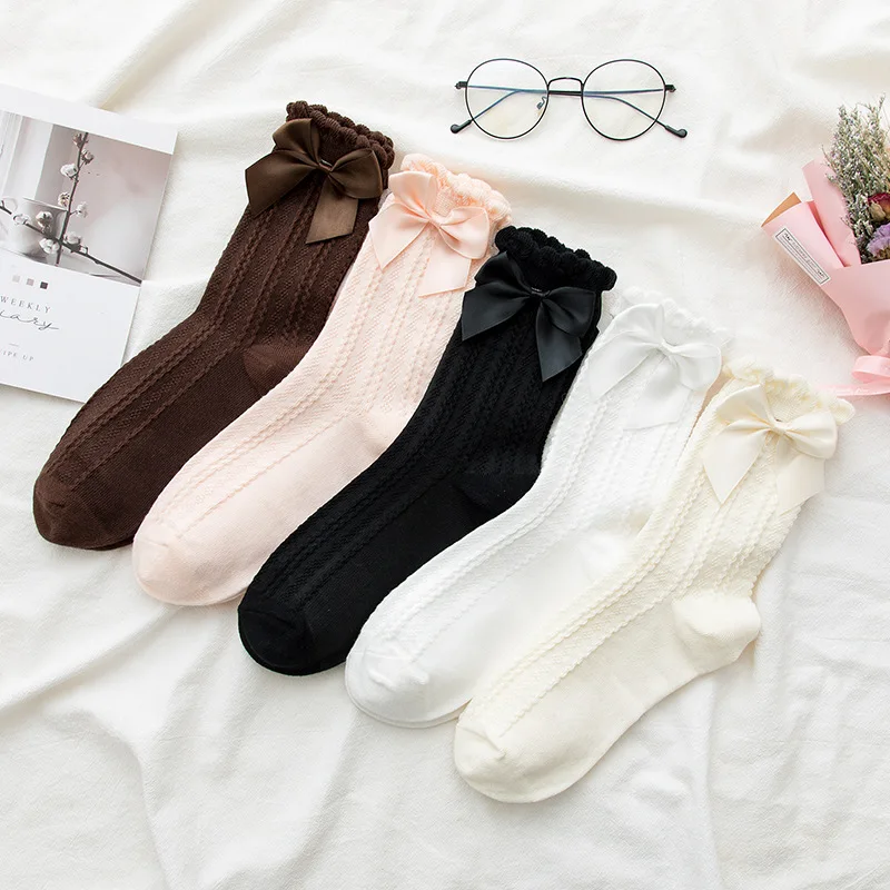 1/5 Paar süße Damen-Sommer-modische, vielseitige Schleifensocken, einfarbige Spitze, mittlere Röhrensocken, elegante, einfache Damensocken