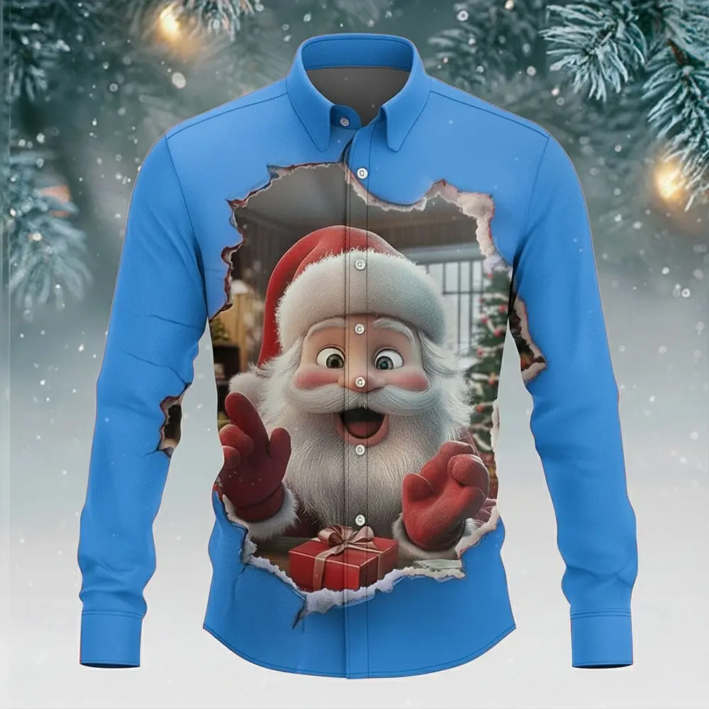 عيد الميلاد الرجال سانتا كلوز الرنة مضحك عيد الميلاد قميص زر يصل قميص طويل الأكمام مضحك هدايا عيد الميلاد عطلة ربيع الخريف