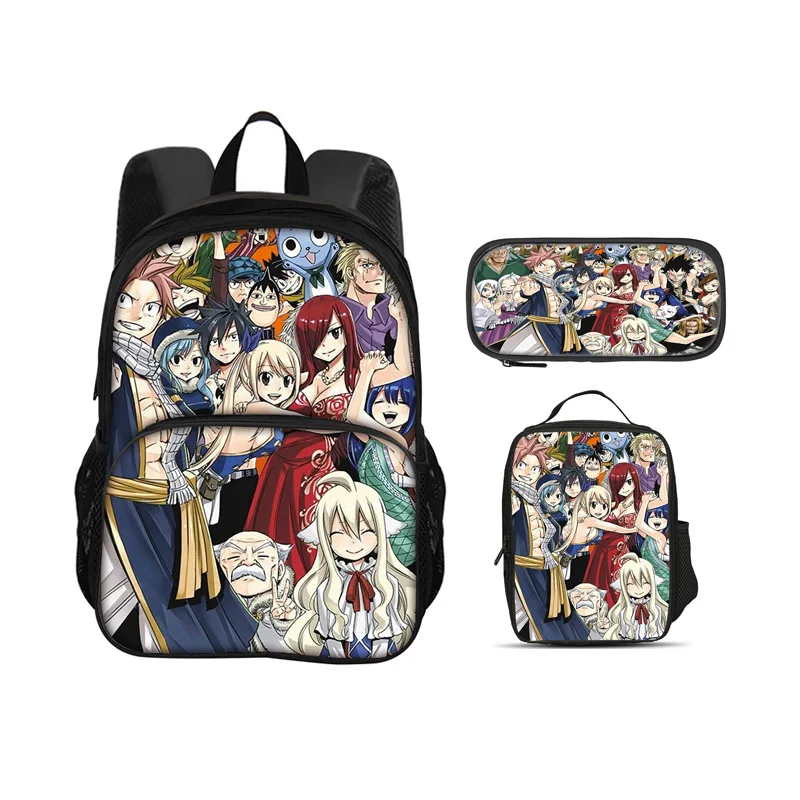 Fairy Tail 3Pcs Set with Front Pocket Backpack+lunch Bag+Pencil Bag Boys and girls Best Gift Stationery Sport Travel