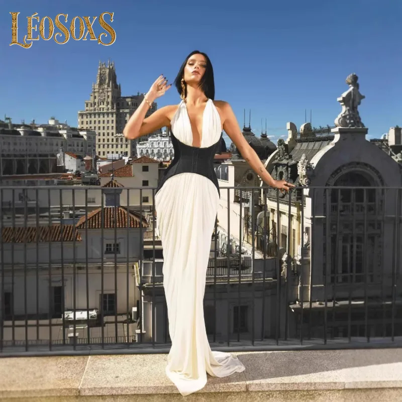 Leosoxs novas mulheres sexy halter pescoço sem costas fora do ombro bodycon cintura-concha vestido de noite celebridade festa tapete vermelho outfit