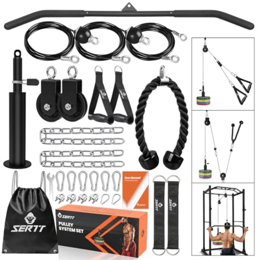 

Home Gym Pulley System for Tricep Workout, Lat Pulldown, Biceps Curl Steel Cable, Black, Smooth Dual-Handle Operation with Adju