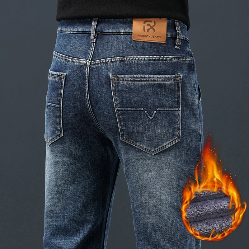 

2024 Winter Warm Jeans Men's Fleece Thickened Slim Straight Trousers Fashion Stretch Cotton Casual Denim Pants Brand Clothes