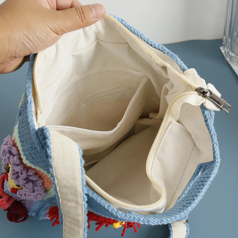 Handmade Crochet Granny Square Crossbody Bag, 3D Cartoon Girl Faces Knitted Shoulder Tote Bag for Women