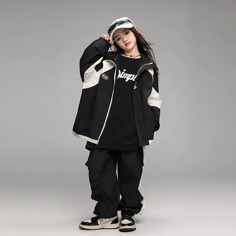 子供用カラーブロックウインドブレーカージャケット,カジュアルトップ,女の子と男の子用のジョギングパンツ,ジャズダンスのコスチューム,クールな服,黒,ヒップホップの服
