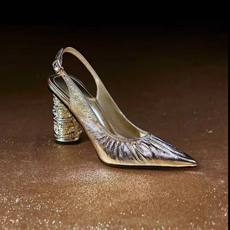 Women's New Summer Genuine Leather Cowhide Pearl Gold-Plated High Heels with Toe Caps, M ü Ller Shoes, Star Style Sandals image 3