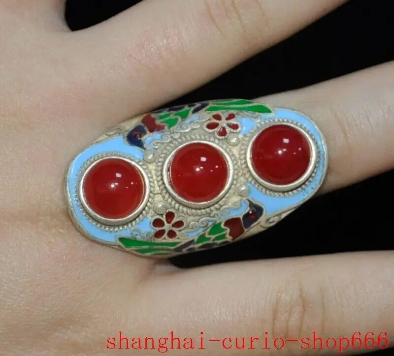 Старый Китай Древнее Тибетское Серебро Цзиньтай Сапфир Птица Фортуна Ювелирное Кольцо Ручной Работы -