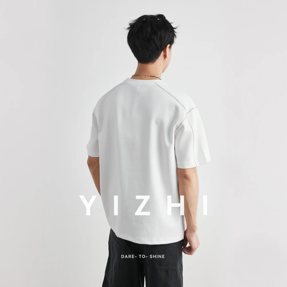 Men's Heavyweight 240g Stitch Trim Split Short Sleeve T-shirt 2026 Summer Crew Neck Loose Drop Shoulder Casual Versatile Top
