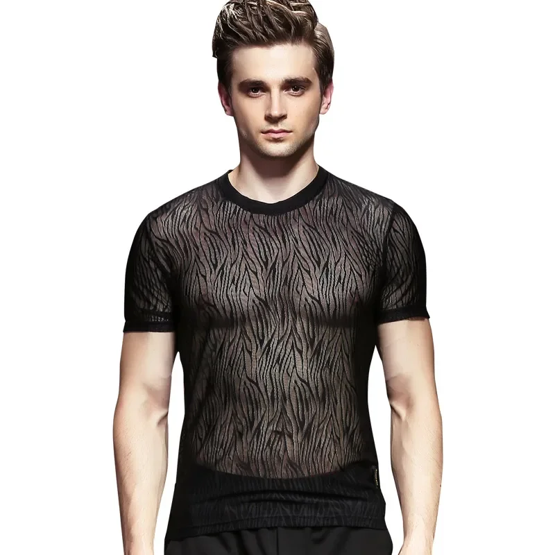 Fanzhuan Free Shipping 2018 Male Men\'s Perspective Hollow T-Shirt Summer Personality Thin black Lace Jacquard Night Club 815133