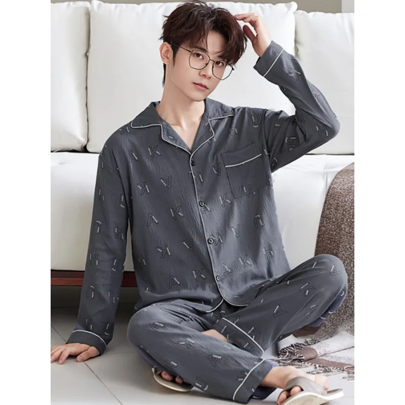 Men's Pajama Set for Spring & Autumn, Simple All-Match Long Sleeve & Long Pants Loungewear, Fashion Handsome Daily Homewear