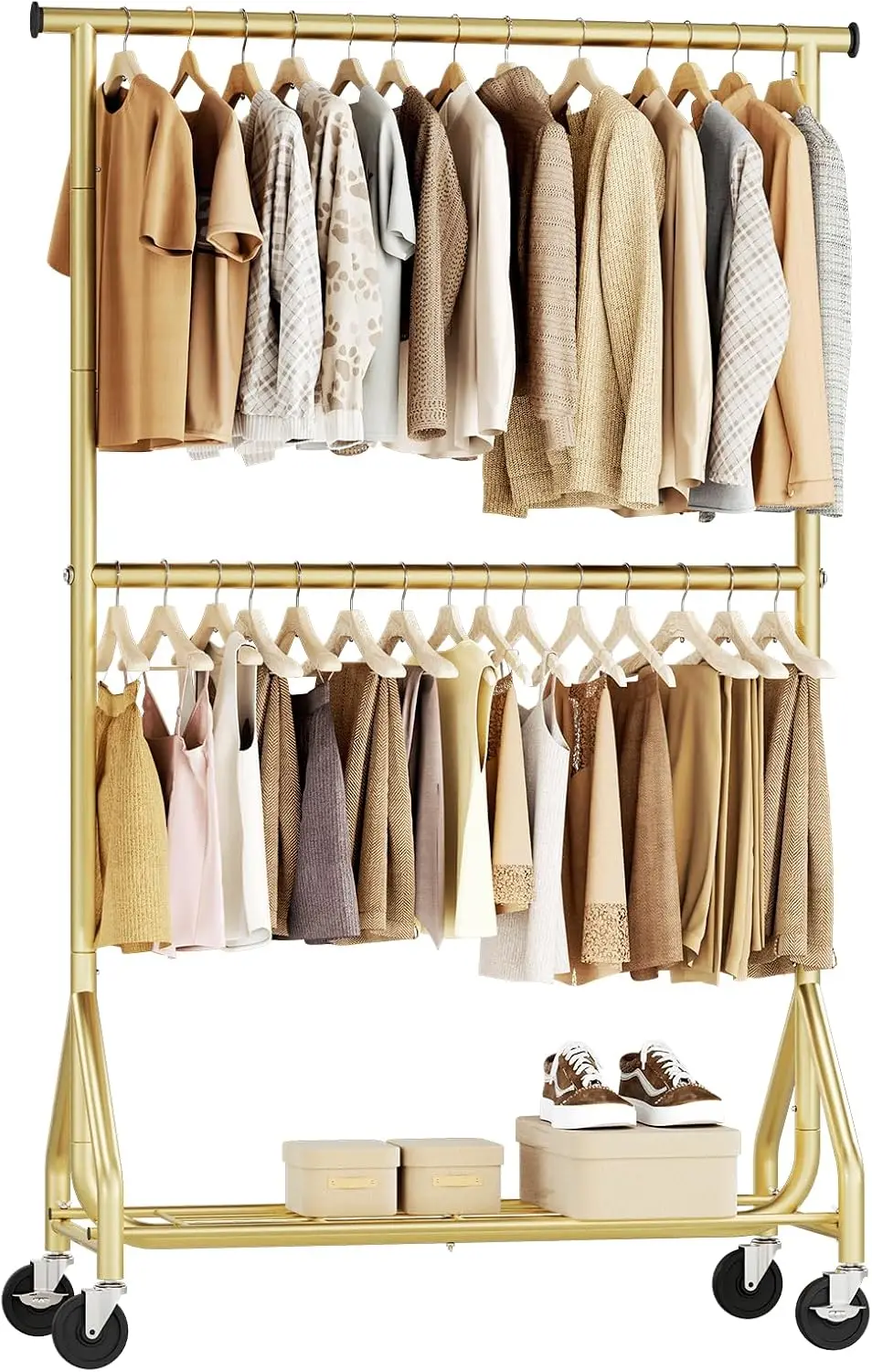 Heavy Duty Clothes Rack, Double Rod Clothing Rack for Hanging Clothes, Rolling Garment Rack, Adjustable Freestanding Wardrobe Cl
