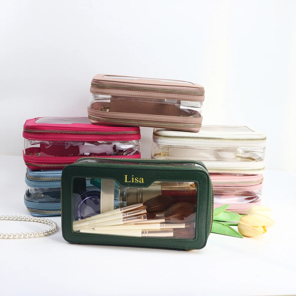 Kundenspezifischer Name aus PU-Leder + transparenter TPU-Kulturbeutel, tragbare Reise-Make-up-Tasche, wasserdichte Aufbewahrungstasche mit großem Fassungsvermögen – Detail 3