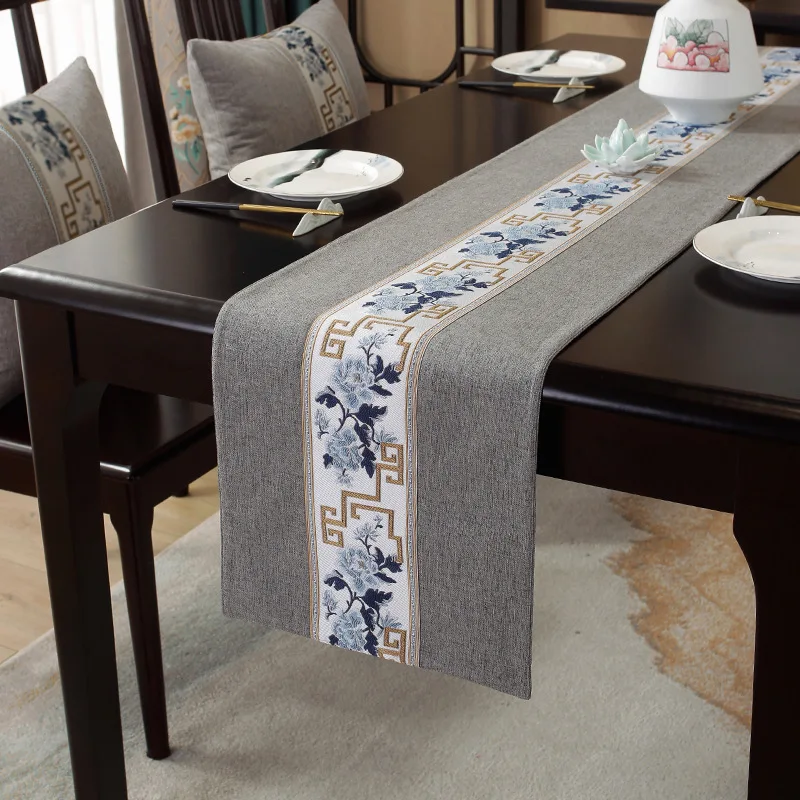 Waterproof Embroidery Table Flag, Chinese Style Tea Mat, Zen Tea Table Cloth, Long Tablecloth, Cotton Linen