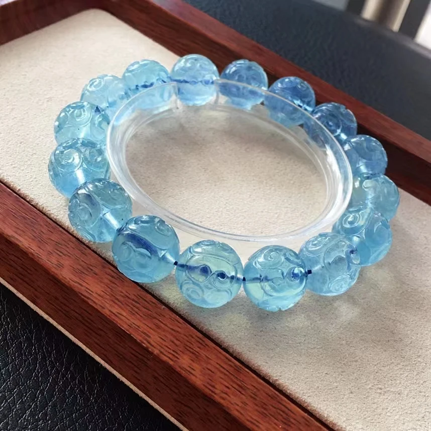 

Natural Blue Aquamarine Beads Bracelet Women Men Brazil Carved 12mm Blue Aquamarine Jewelry AAAAA