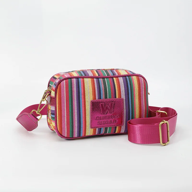 

2025 Summer Color Block Square Bag Stylish Camera Crossbody Purse Trendy Striped Canvas Shoulder Bag for Women