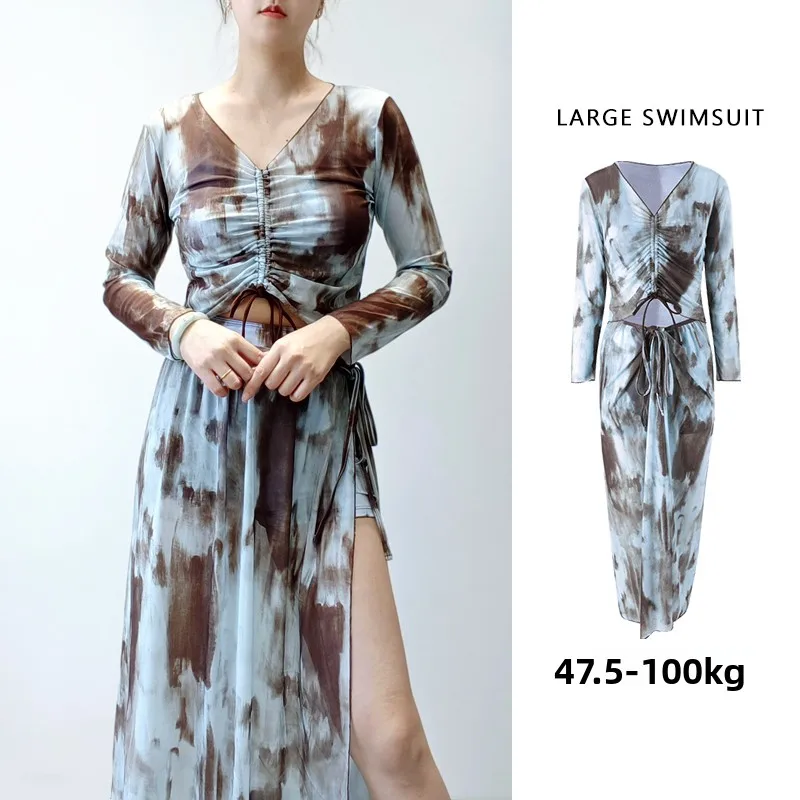 

Комплект бикини больших размеров: сексуальный раздельный купальник с длинными рукавами, скрывающий живот, утягивающий, для женщин, из нейлона и спандекса