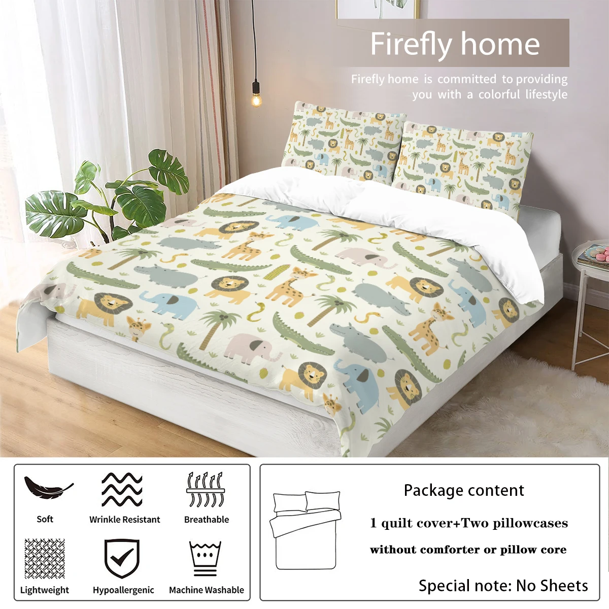 3-piece down duvet cover set with cartoon dinosaur lion pattern print (1 duvet cover+2 pillowcases, no core) soft bedding set