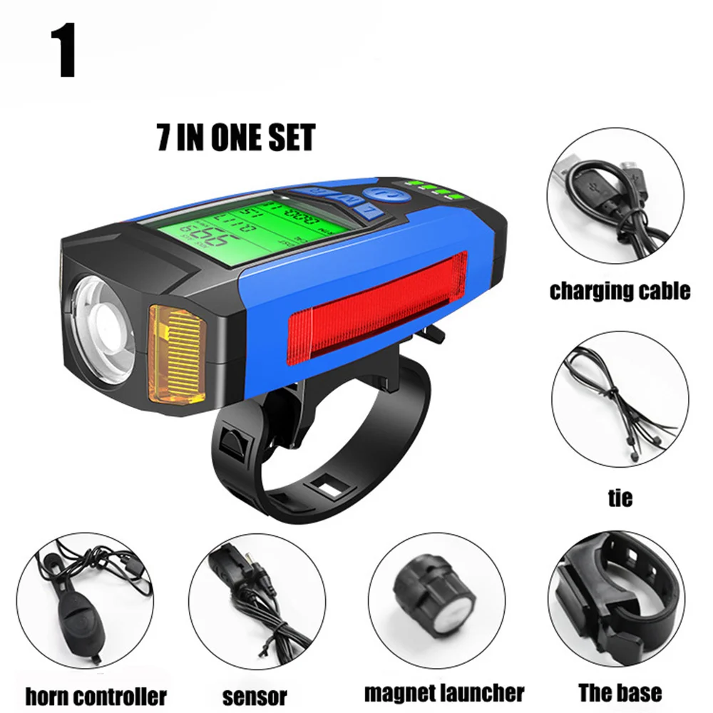 

Bicycle Computer Lamp Monitor, 7 in 1 Bike Light, USB Charge, LCD Speedometer, Odometer, Waterproof, 5 Modes, Horn Cycling Acc