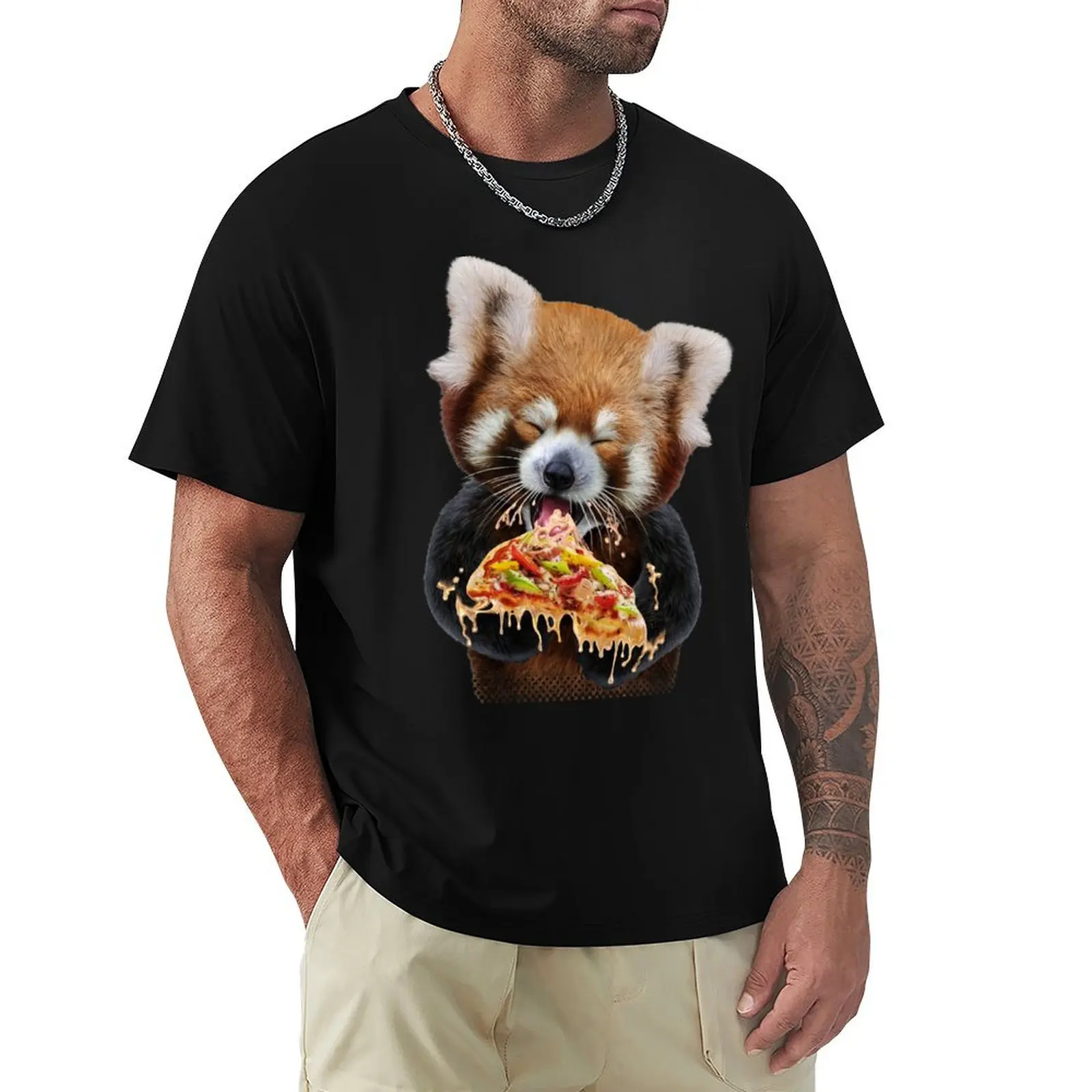 Red Panda Devouring Pizza T-Shirt Sports Basic Short Sleeve T-Shirt