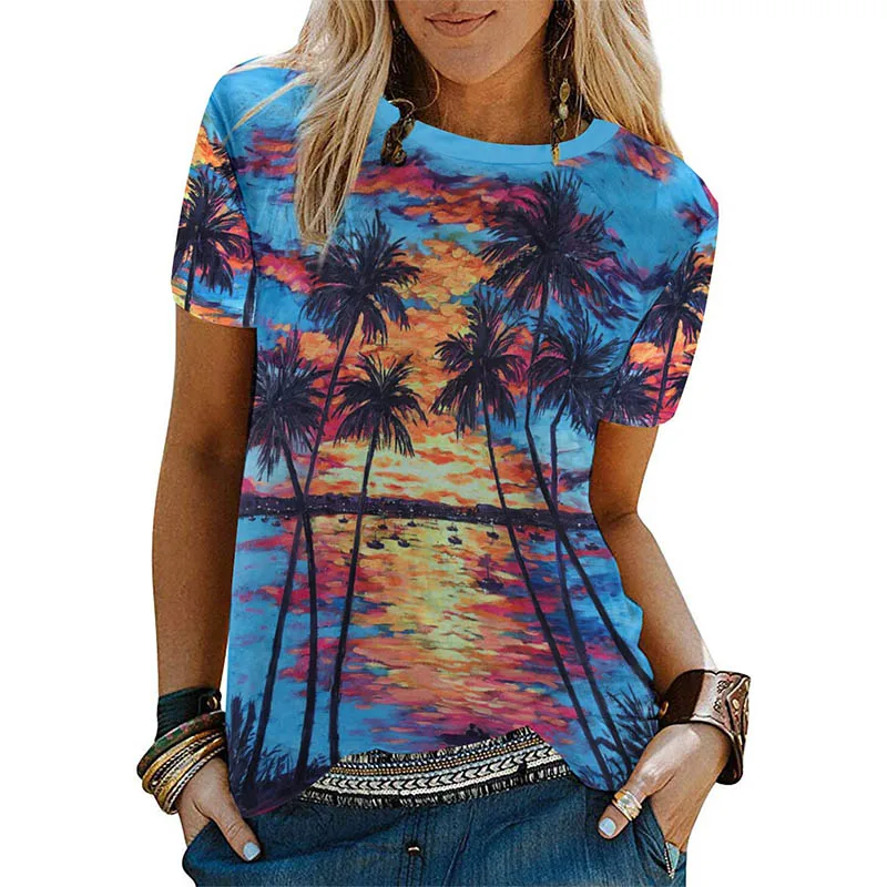 New Hawaiian Sunset Palm Tree 3D Print T-Shirts Women Short Sleeve T Shirt Y2k Tops Harajuku Oversized Beach Tees Woman Clothing