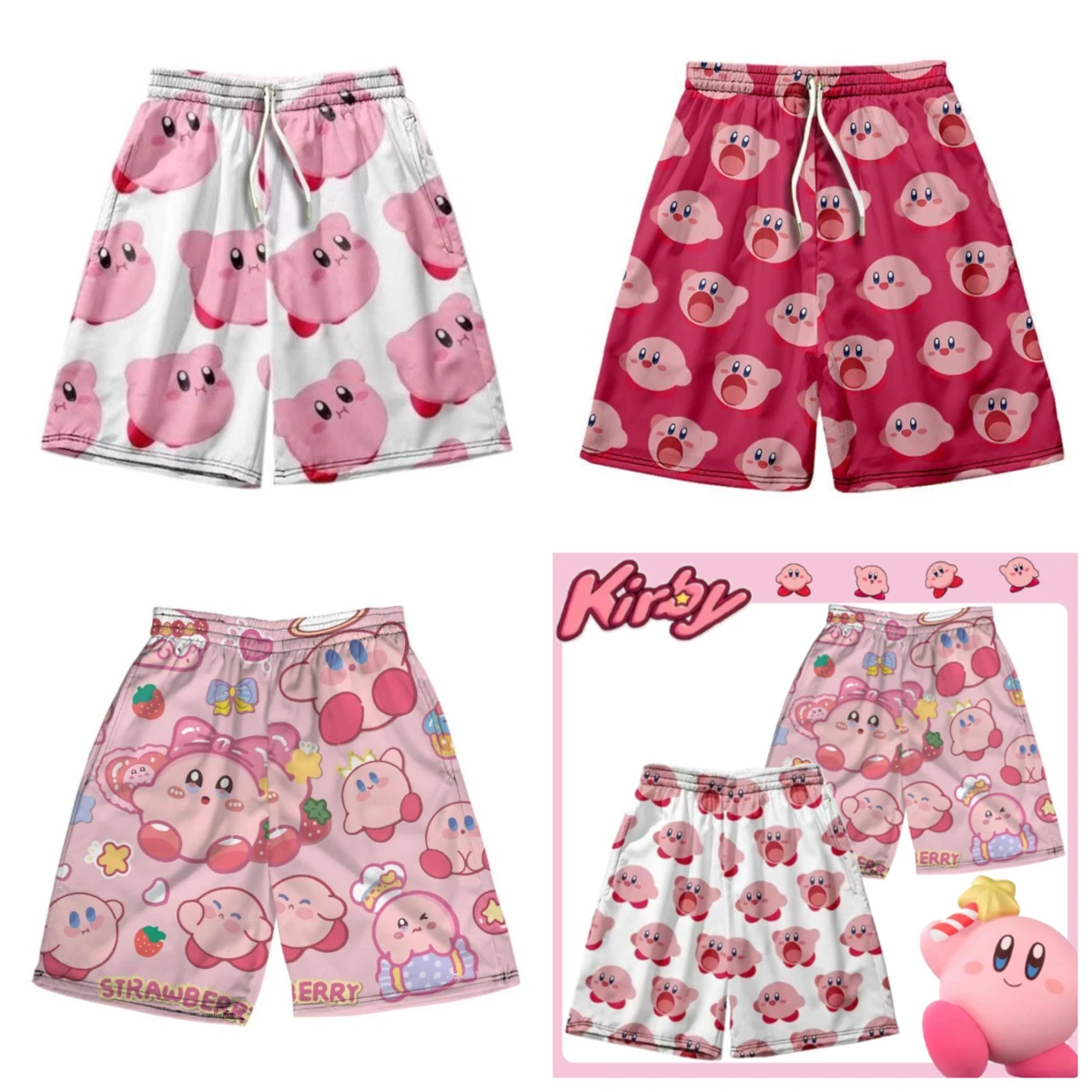 Shorts de Praia Casuais e Soltos com Estampa 3D do Kirby de Star, Estilo Harajuku, Macios e Fofos, Adequados para Adultos e Crianças