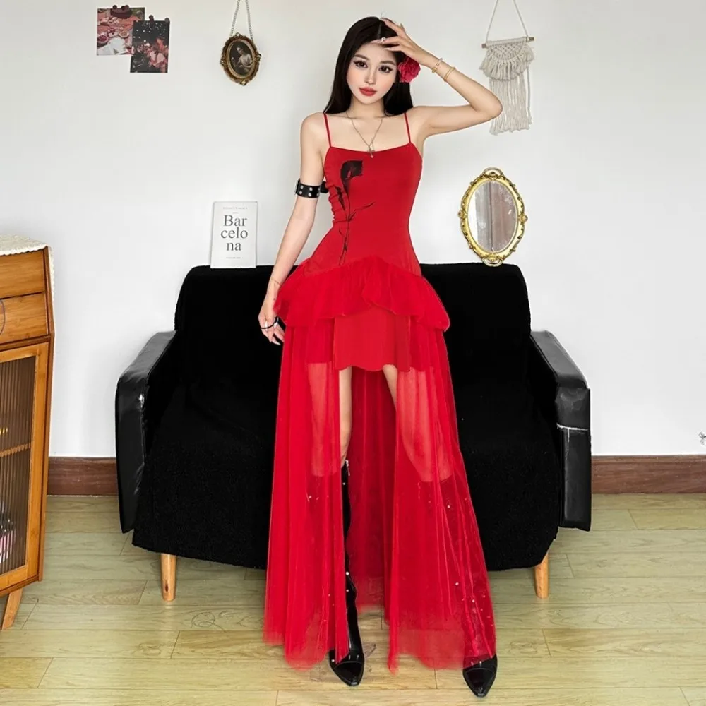 SylCue-Vestidos largos con estampado de flores para mujer, Vestidos elegantes con tirantes finos y cuello bajo, malla sin espalda, dobladillo de retales, fiesta de graduación de medianoche