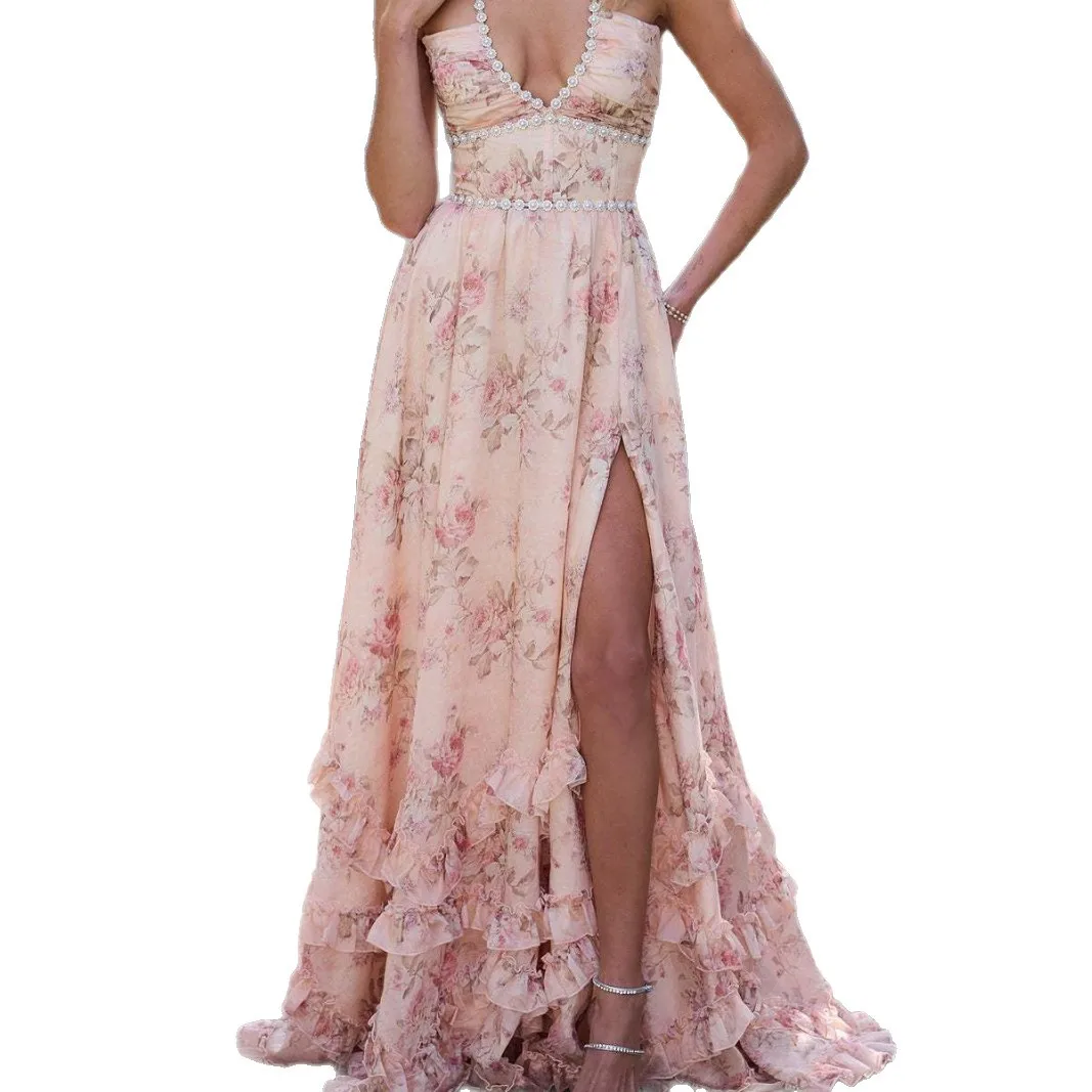 Robe longue élégante rose clair, col en V, sans bretelles, décoration florale de perles, fente latérale, grand ourlet, tempérament pour femmes, nouvelle collection