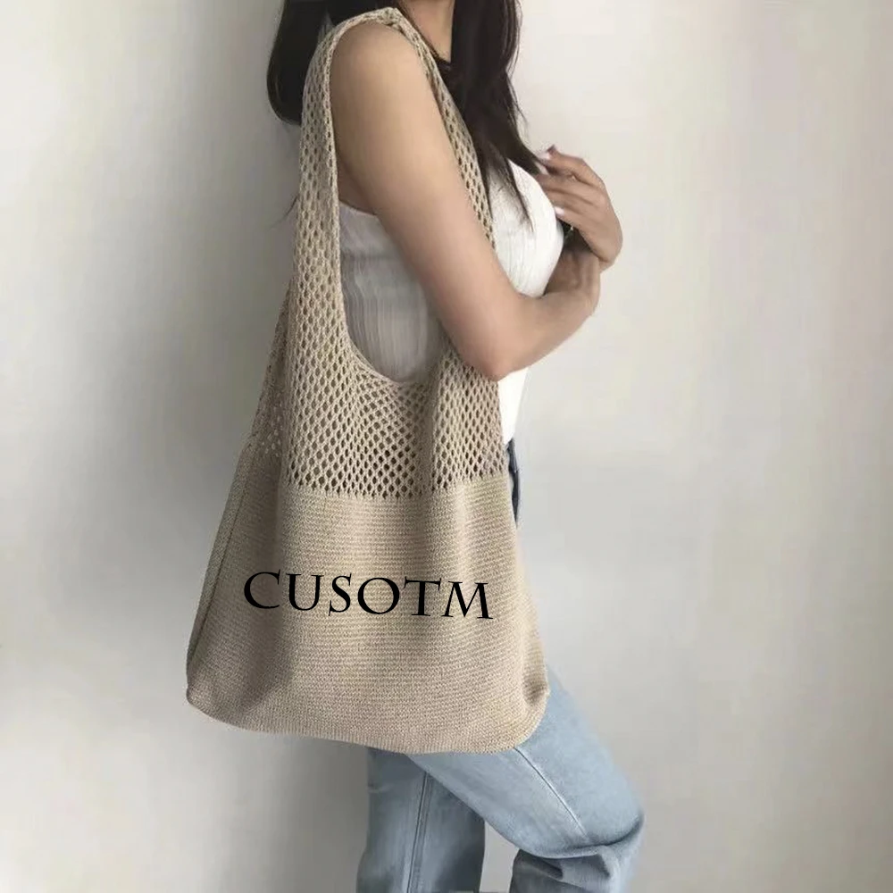 

Personalized Name Knitted Wool Tote Bag Solid Color Customized Retro Hollowed Out Shoulder Bag Women's Handbag Shopping Bags