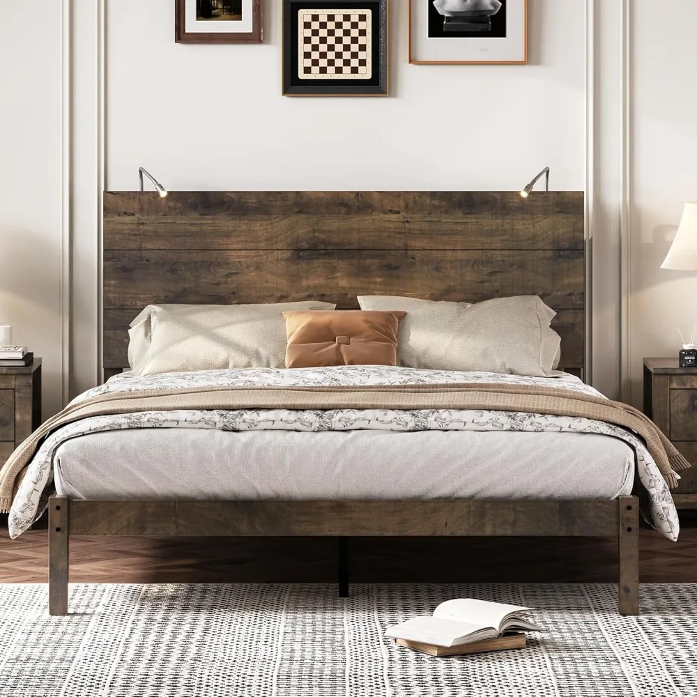 Wood Queen Bed Frame with Headboard, Farmhouse Bed Frame Queen Size with Two Bedside Lights, Rustic Vintage Platform Bed Frame