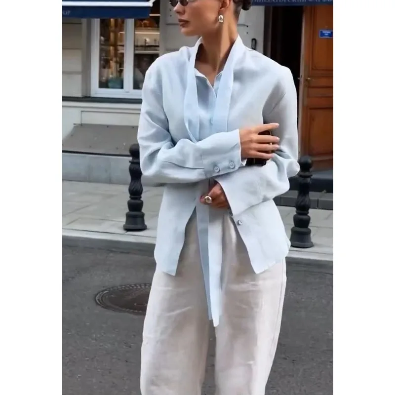 

Новая французская легкая блузка из хлопка и льна с завязками для женщин