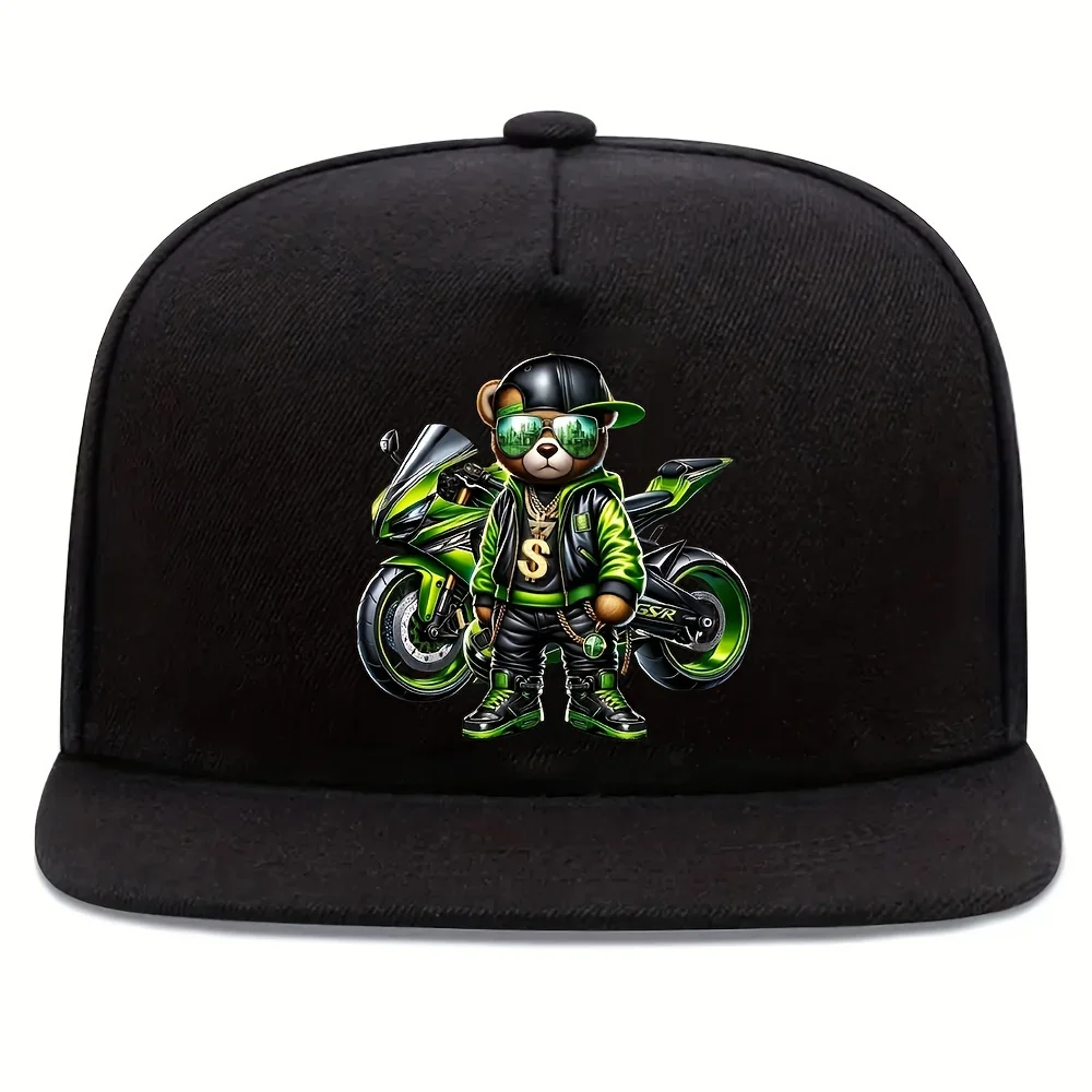 2D Flat - 1pc Adjustable Urban Streetwear Baseball Cap with Super Cool Bear Print, Hip-Hop Style, Black Polyester, Hand Wash or