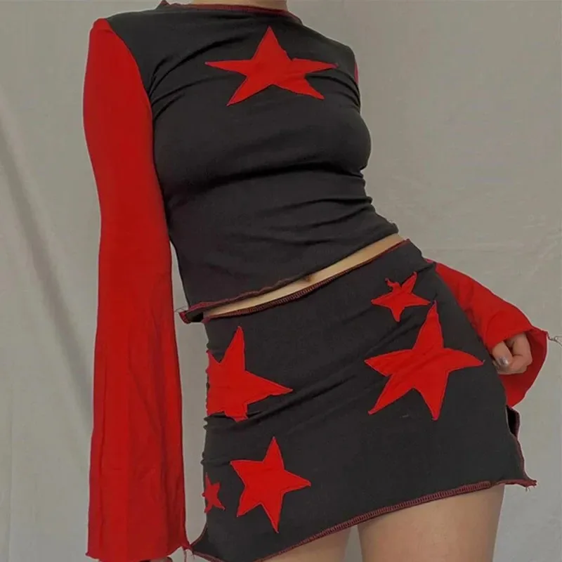 Y2K Spring New Spicy Girl Casual Long Sleeve Short Style Pentagram Printed Short Style Slimming T-shirt Women's Top - Image 3