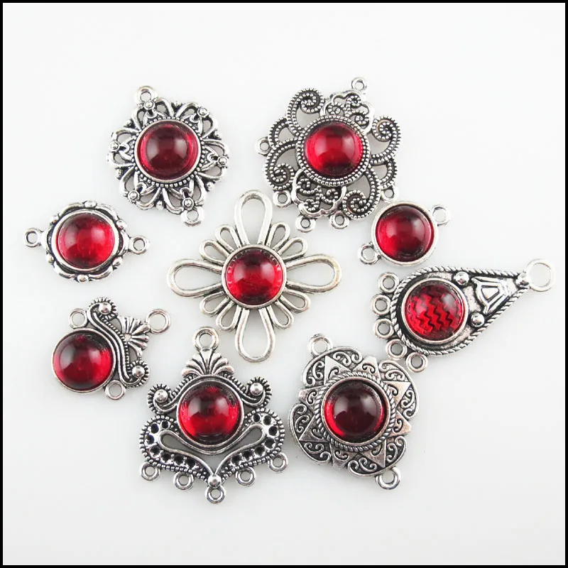 Fashion New Clover Flower Cross Crown Teardrop Charms Connectors 10mm Red Glaze Tibetan Silver Plated Pendants Retro