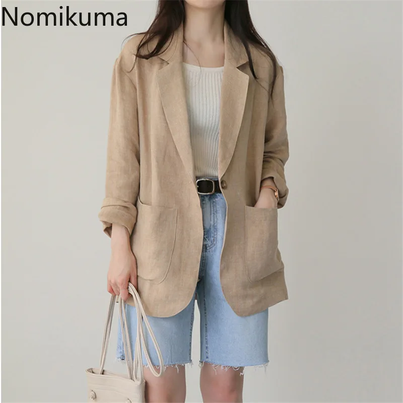 Nomikuma-Blazer en coton et lin pour femme, veste à manches longues, bouton unique, document solide, décontracté, tout match, nouveauté, 2022