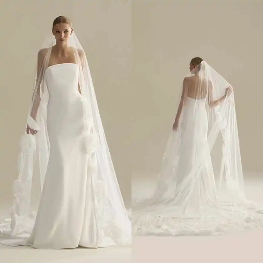 

New Arrival White Ivory Bridal Veils With Comb One-Layer 3M Long Cathedral Big Flower Bride Veil Wedding Accessories