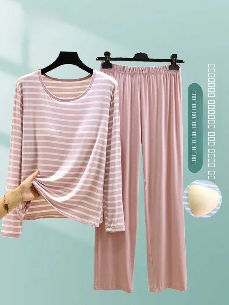 

Modal Spwear Women's Thin Long Sve T-irt Home Clothes Set with Chest Pad One-Piece Loose Fit plus Size Spring Summer