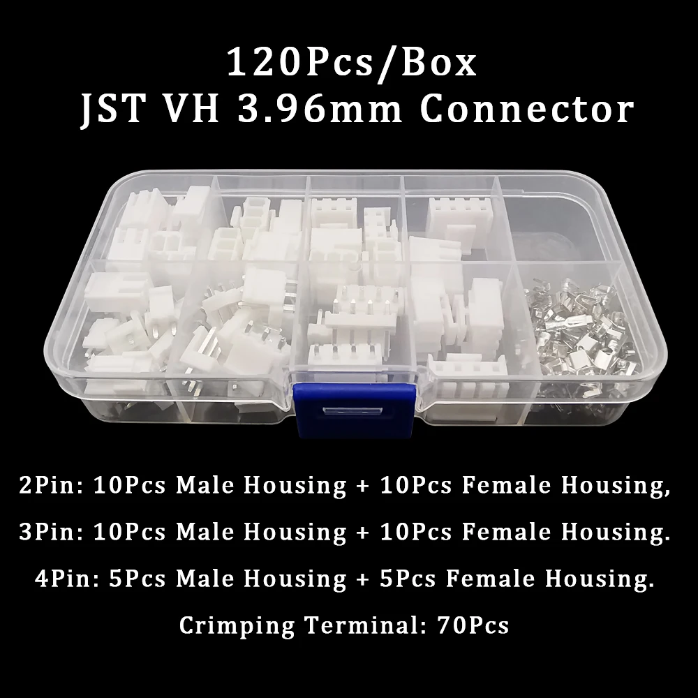 120Pcs/Box JST VH3.96 Pin Header Connector 2/3/4 Pin JST VH 3.96mm Male Plug Female Socket Plastic Housing Terminals Connector