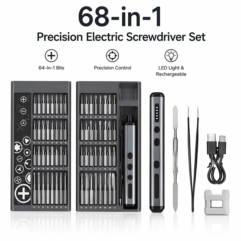 68 in 1 Precision Electric Screwdriver Set, Rechargeable Portable , Magnetic Bits for iPhone PC Watch Camera Glasses Repair
